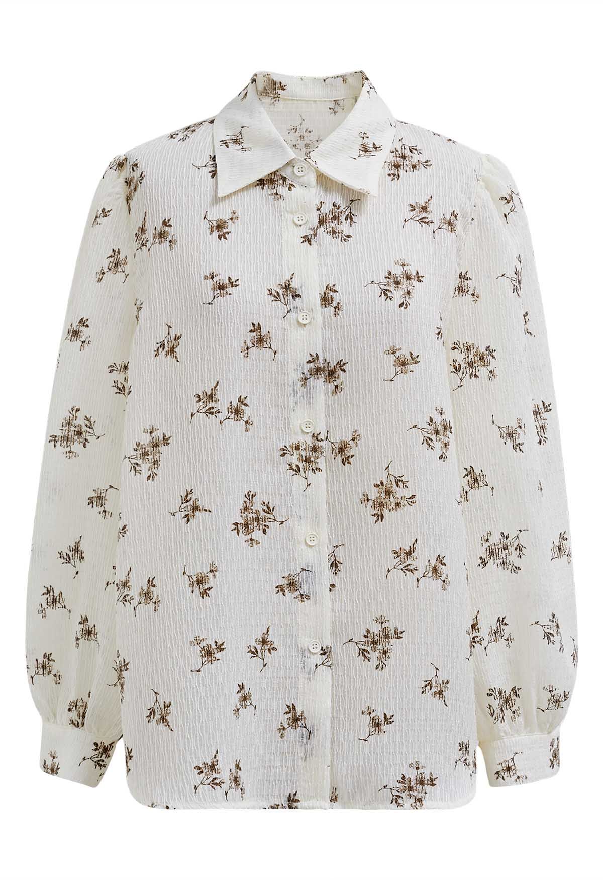 Strukturiertes Button-Down-Hemd mit Floret-Print in Creme