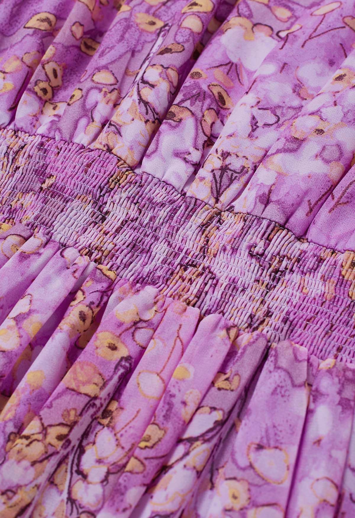 Zierliches Chiffon-Maxikleid mit Blumenmuster und Rüschen in Rosa