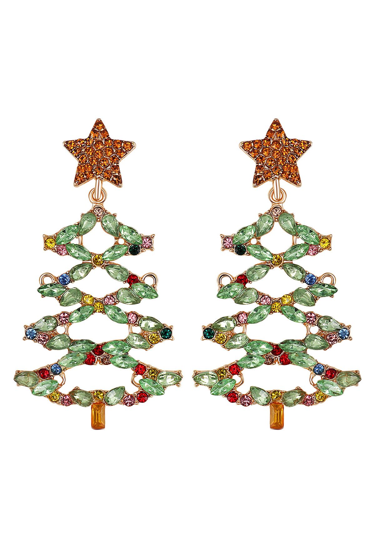 Ausgehöhlte Weihnachtsbaum-Ohrringe mit Strasssteinen in Grün