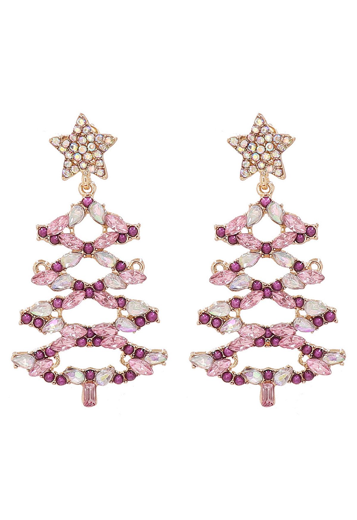Ausgehöhlte Weihnachtsbaum-Ohrringe mit Strasssteinen in Rosa