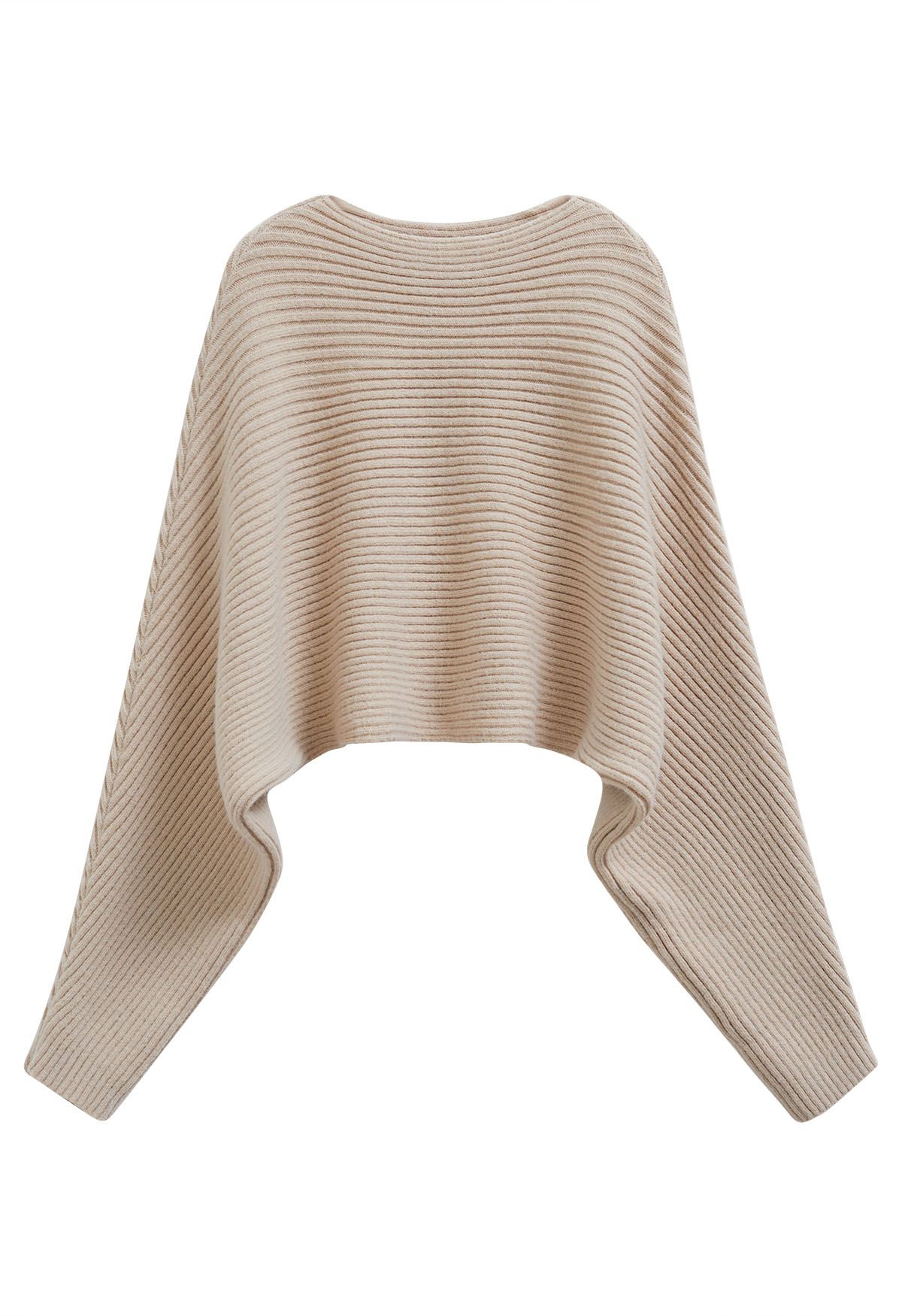 Dramatischer Rippstrickpullover mit Fledermausärmeln in Sand