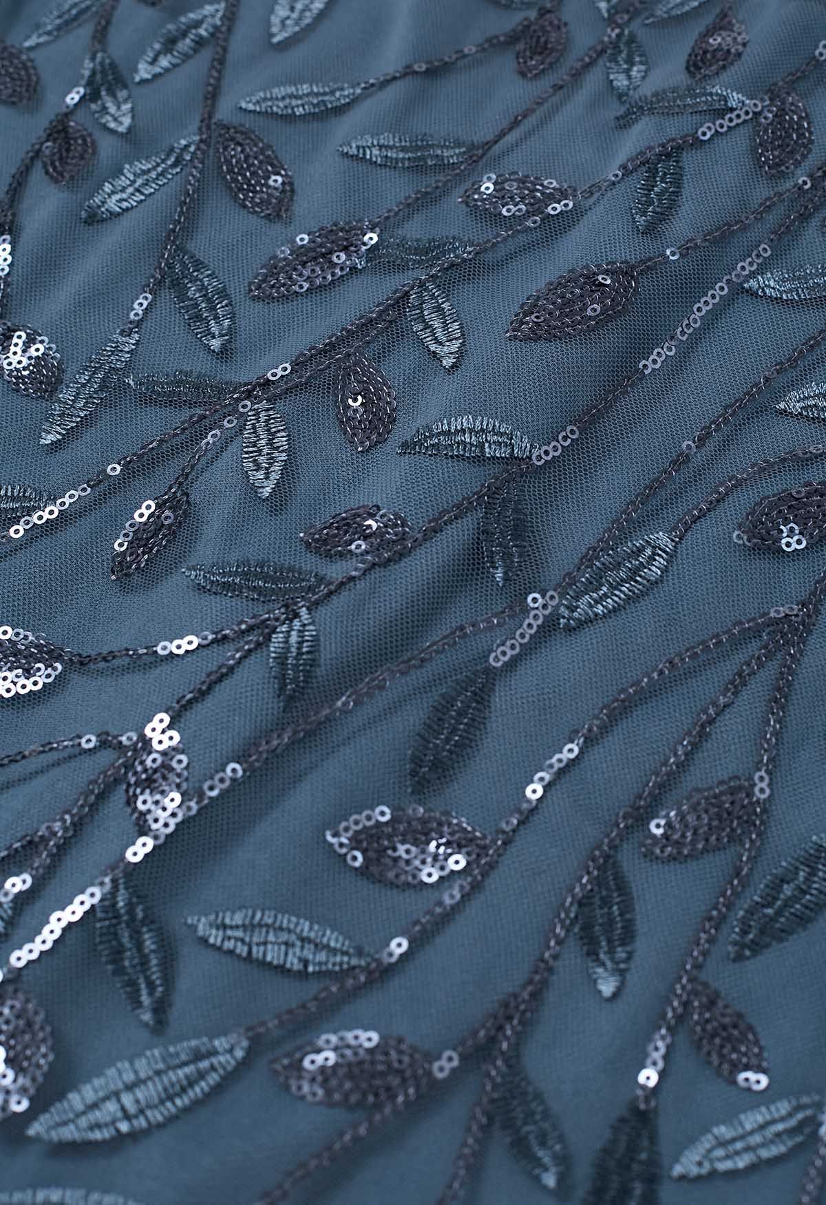 Kleid mit Pailletten und Mesh-Einsätzen in Leaves Branch-Optik in Blau