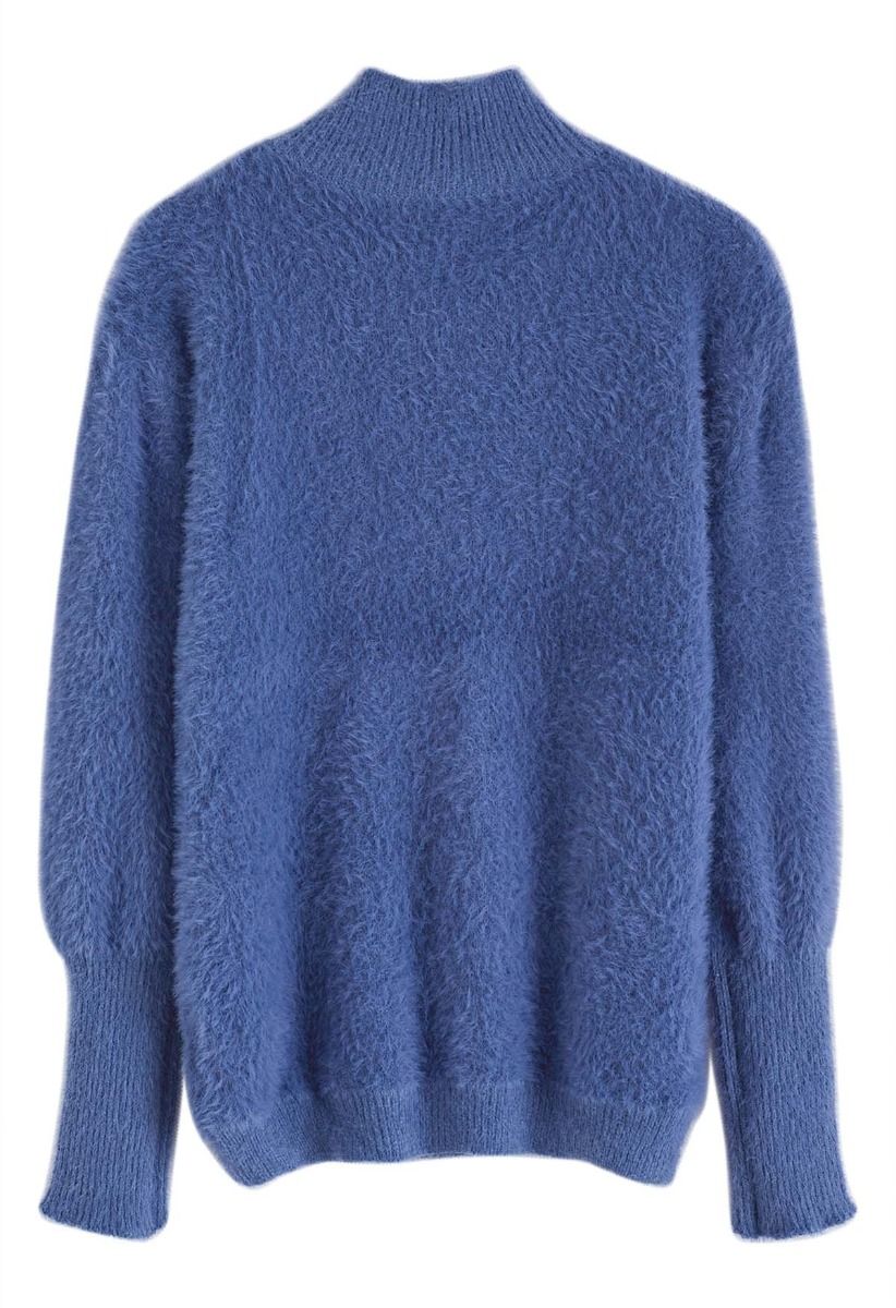 Kuscheliger, hochgeschlossener, flauschiger Perfection-Strickpullover in Blau