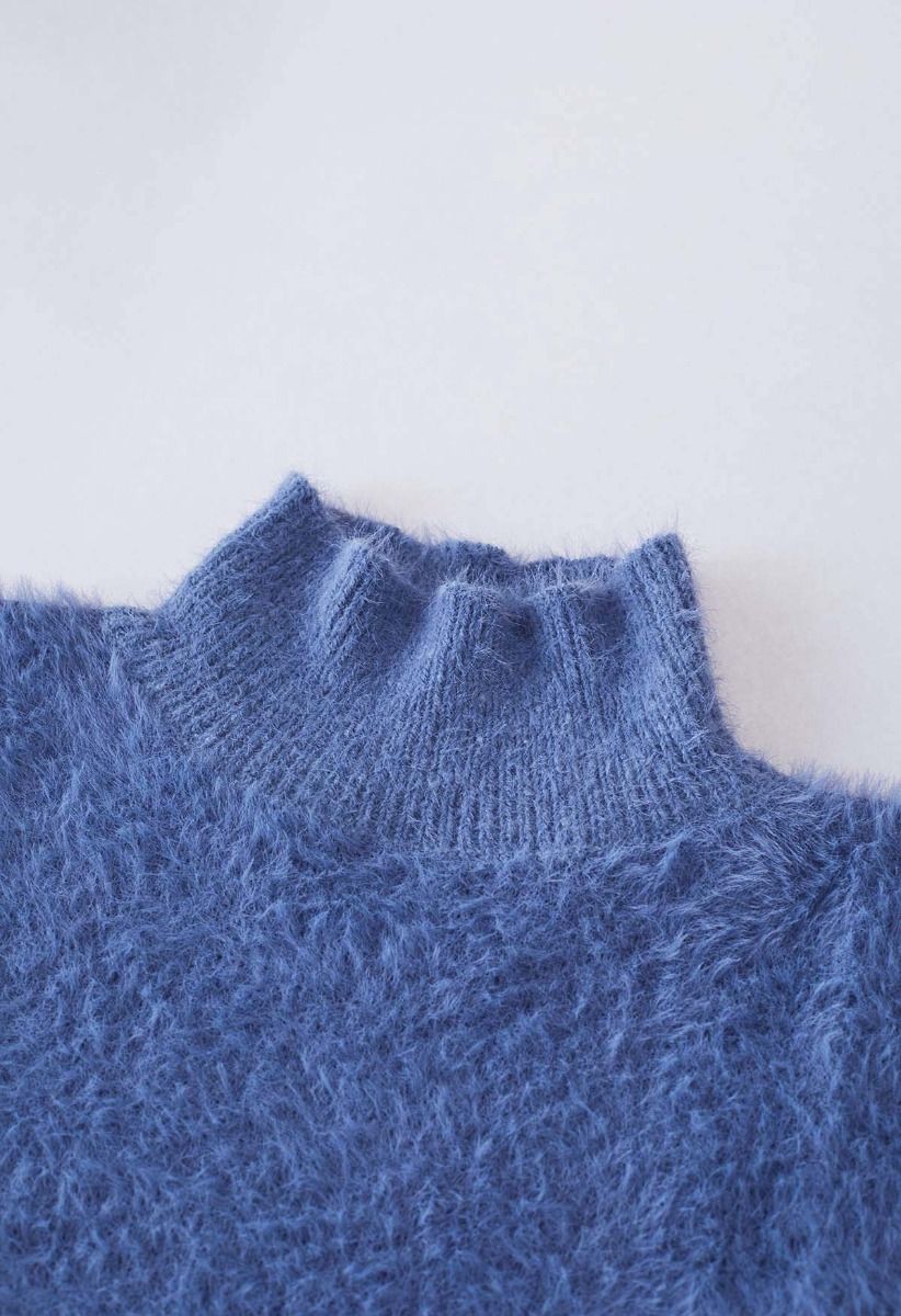 Kuscheliger, hochgeschlossener, flauschiger Perfection-Strickpullover in Blau