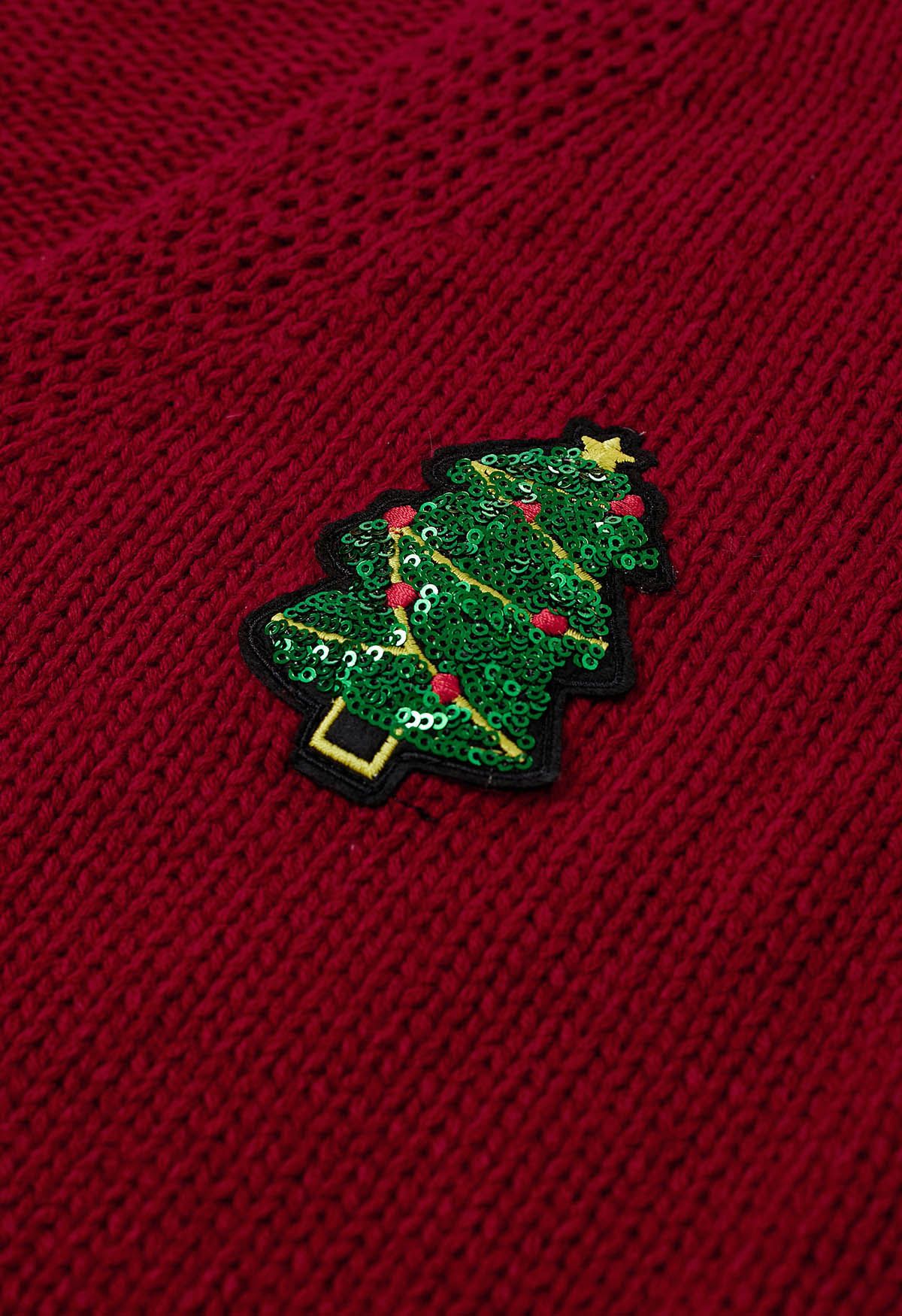 Cardigan mit Knöpfen und Pailletten-Weihnachtsbaum-Patch in Rot