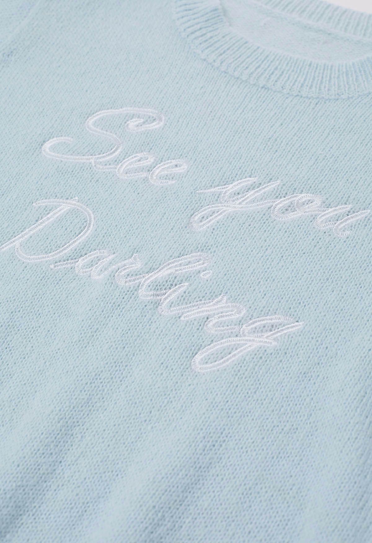 „See You Darling“-Strickoberteil mit Stickerei in Babyblau
