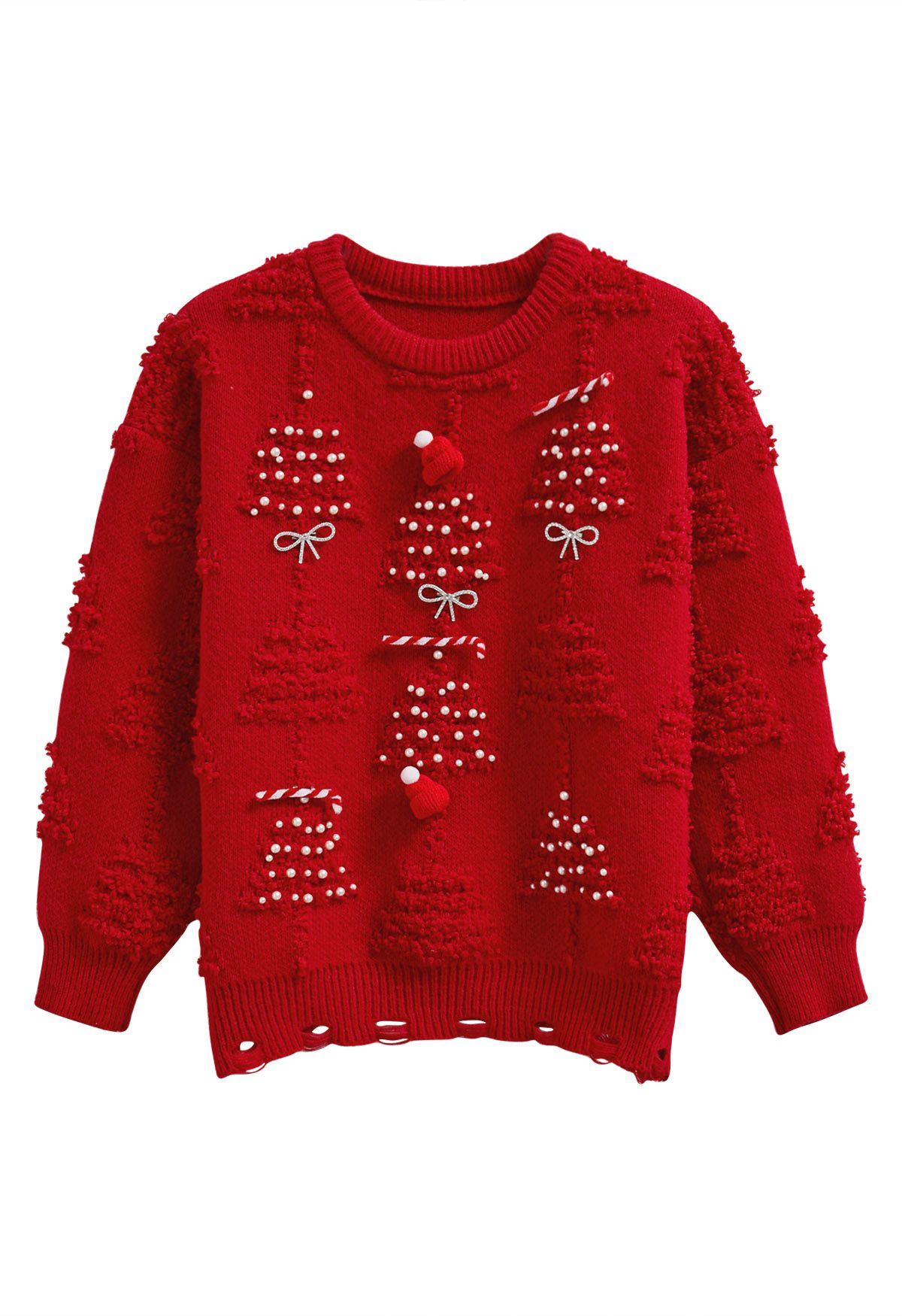 Perlen-Weihnachtsbaum-geprägter Schleife-Strickpullover in Rot