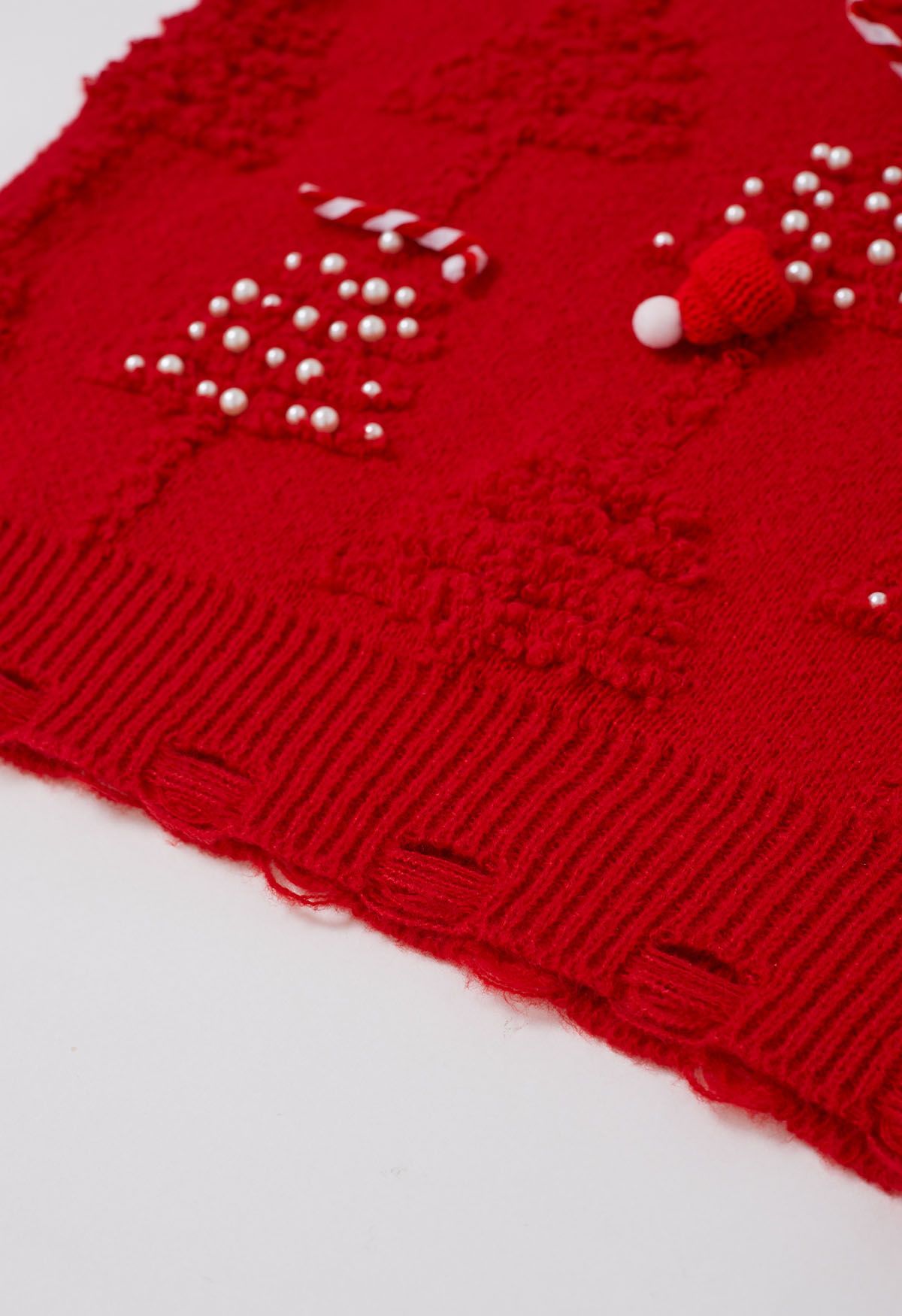 Perlen-Weihnachtsbaum-geprägter Schleife-Strickpullover in Rot