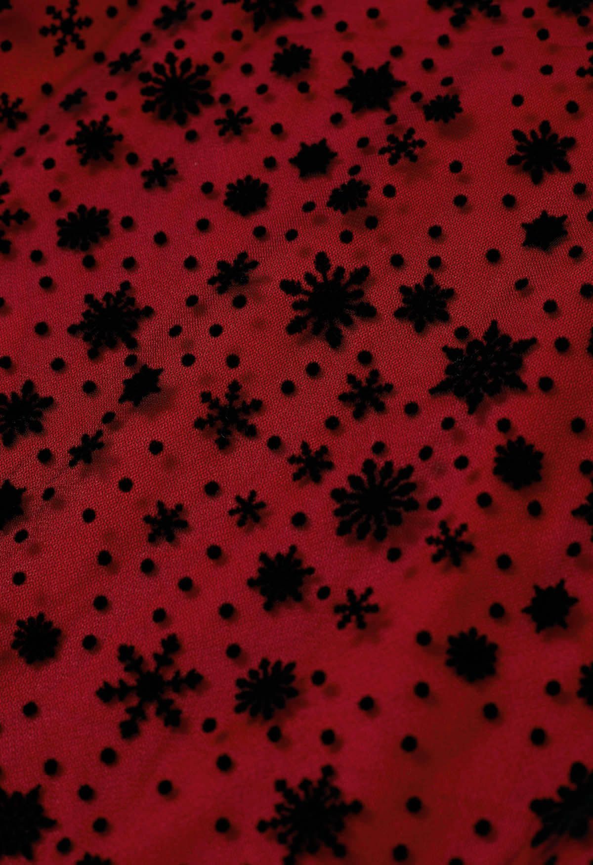 Samt-Midirock aus Schneeflocken-Mesh-Tüll in Rot