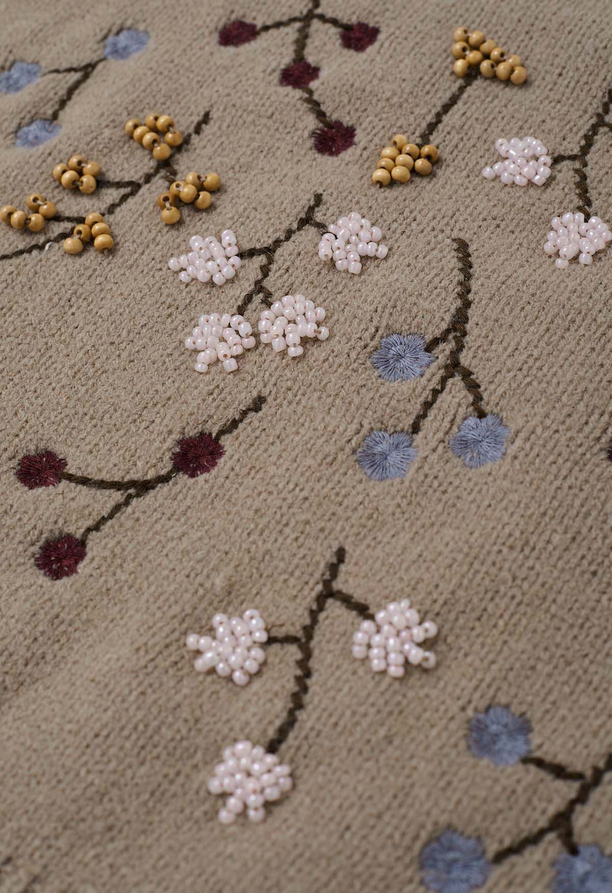 Perlenbestickter Blumen-Crop-Pullover