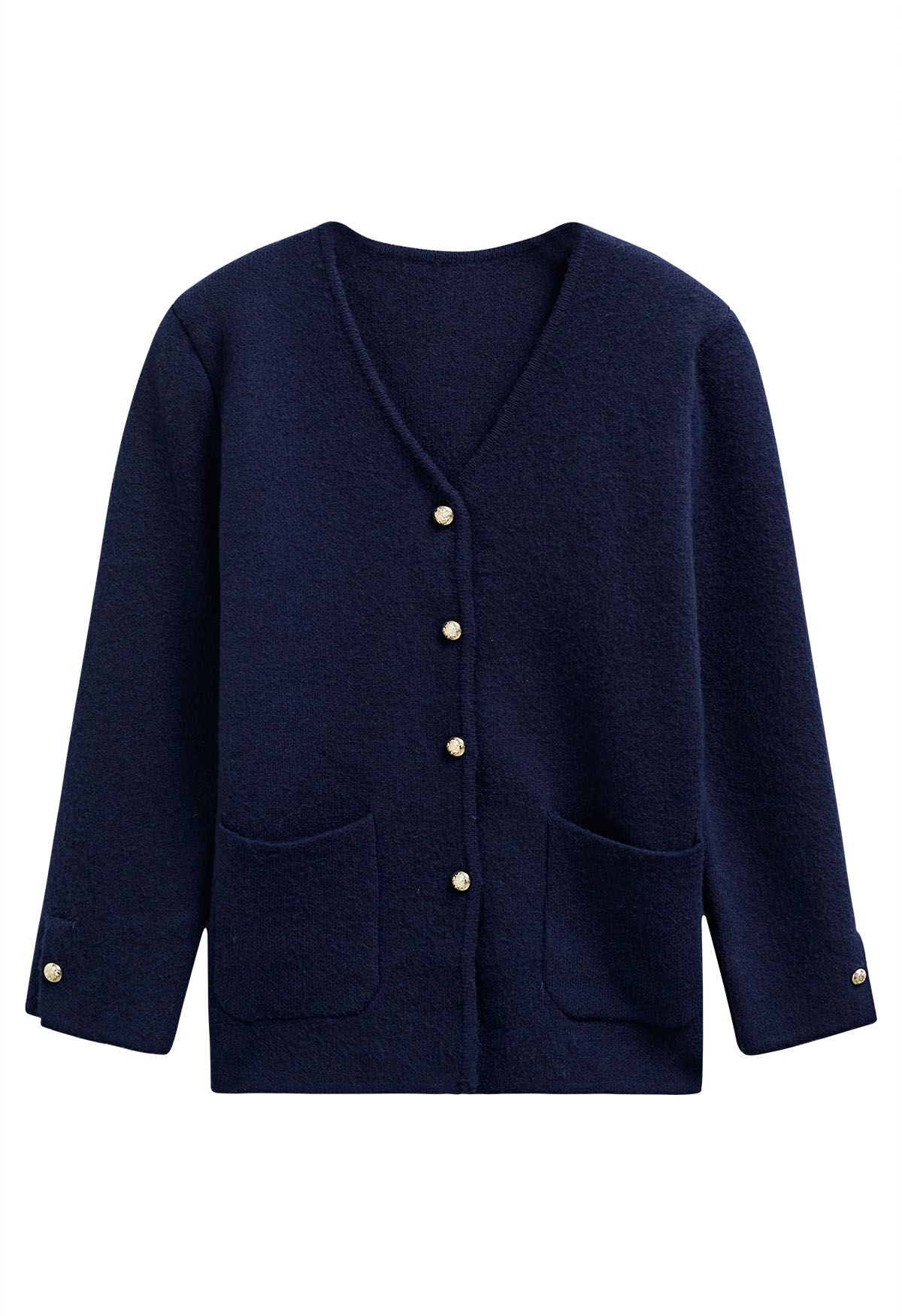 Kragenloser Mantel mit aufgesetzten Taschen und V-Ausschnitt in Marineblau
