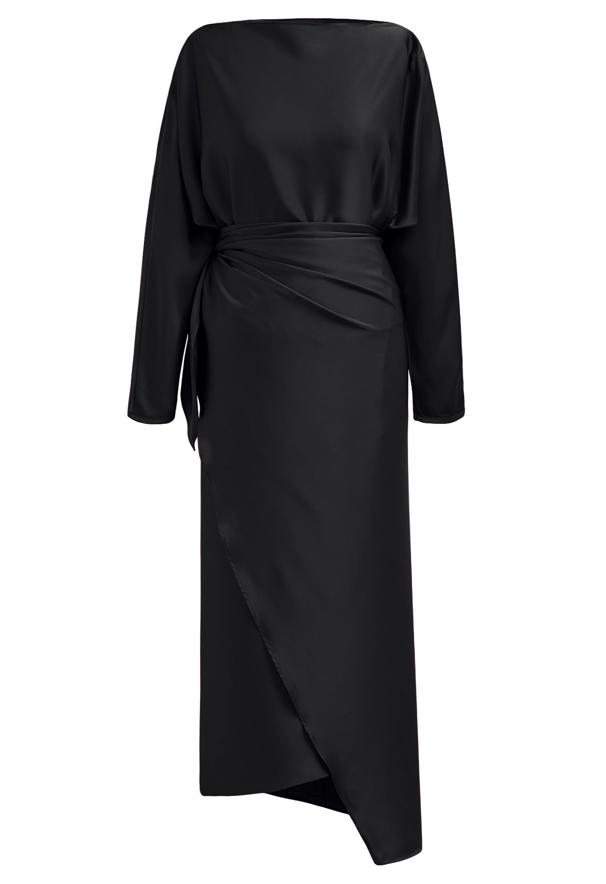 Satin-Maxikleid mit U-Boot-Ausschnitt und gewickelter Taille in Schwarz