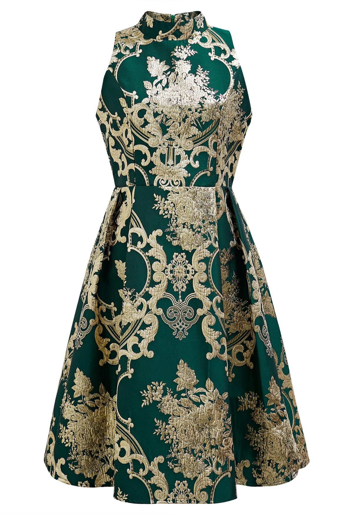 Wunderschönes ärmelloses Kleid aus Jacquard im Pfingstrosen-Barockstil in Dunkelgrün
