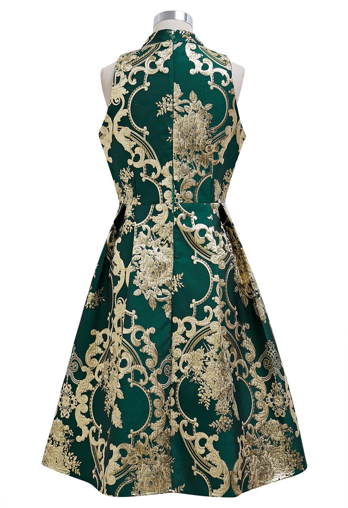 Wunderschönes ärmelloses Kleid aus Jacquard im Pfingstrosen-Barockstil in Dunkelgrün
