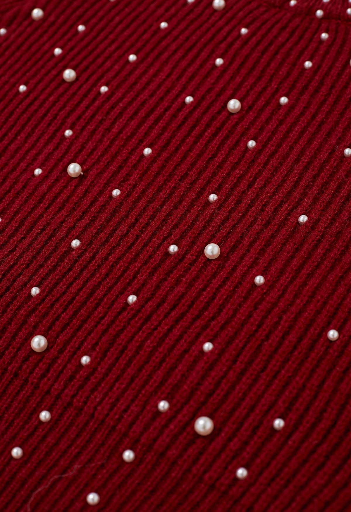 Perlenverzierter Strickpullover mit Puffärmeln in Rot