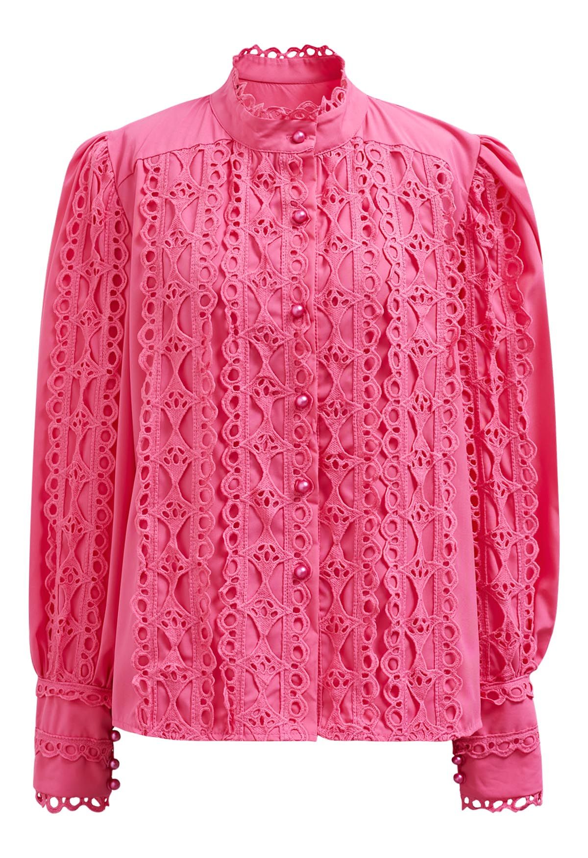 Exquisites Cutwork-Blasenärmel-Knopfhemd in Pink