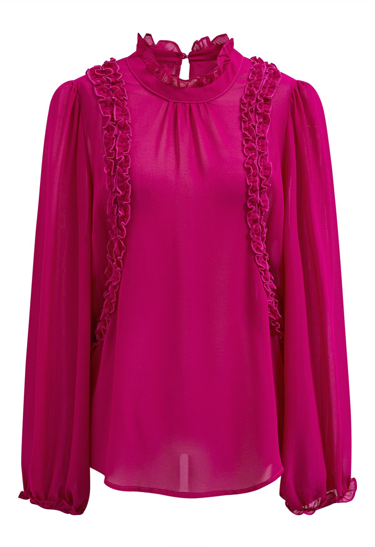 Rüschenverziertes Chiffon-Oberteil mit Blasenärmeln in Pink