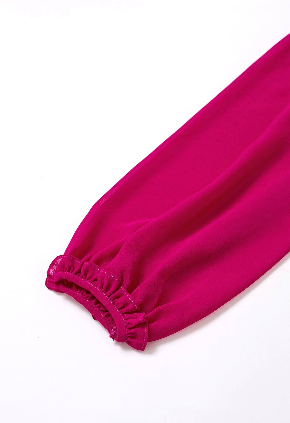 Rüschenverziertes Chiffon-Oberteil mit Blasenärmeln in Pink