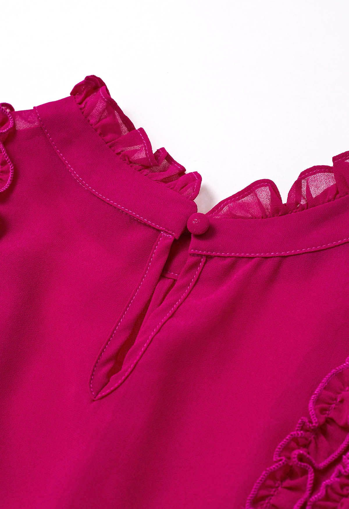 Rüschenverziertes Chiffon-Oberteil mit Blasenärmeln in Pink