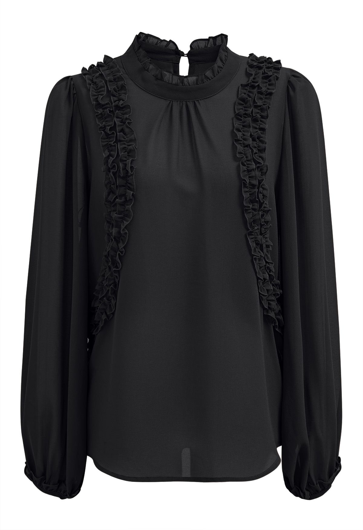 Rüschenverziertes Chiffon-Oberteil mit Blasenärmeln in Schwarz