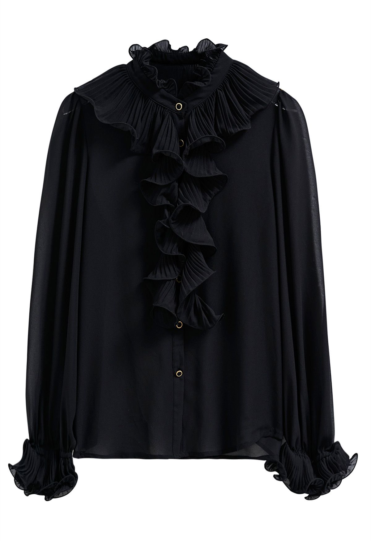 Rüschen-Romance-Chiffon-Hemd mit Knöpfen in Schwarz