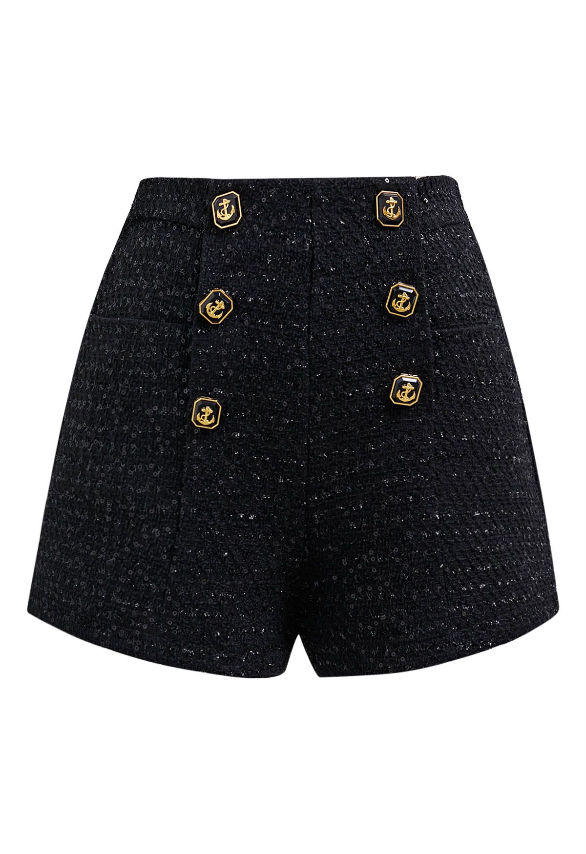 Mit Knöpfen verzierte, paillettenbesetzte Tweed-Shorts in Schwarz