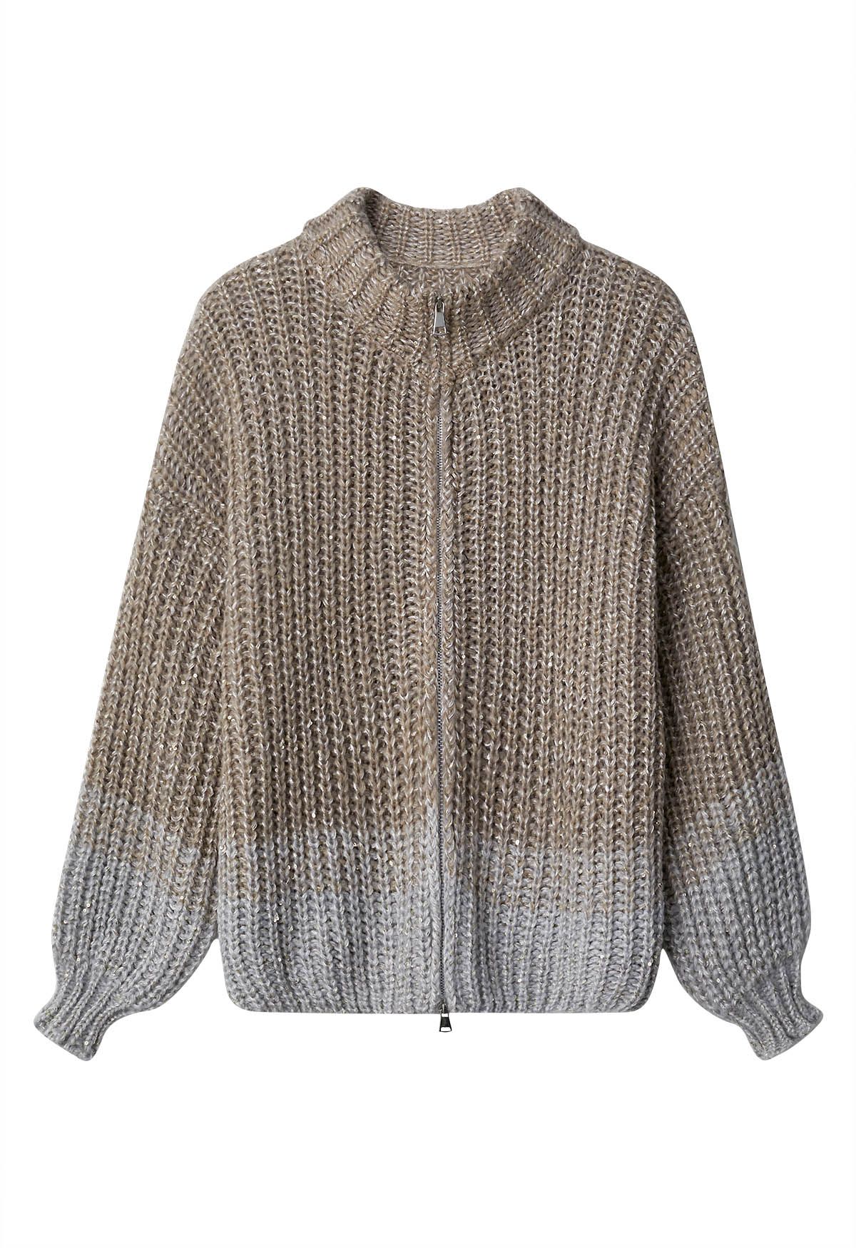 Zweifarbiger Cardigan aus Grobstrick mit Pailletten und Reißverschluss in Khaki