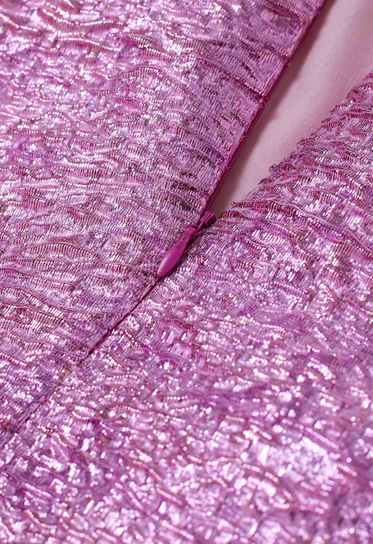 Glänzender, rosa ausgestellter Midirock aus Jacquard mit geprägter Textur
