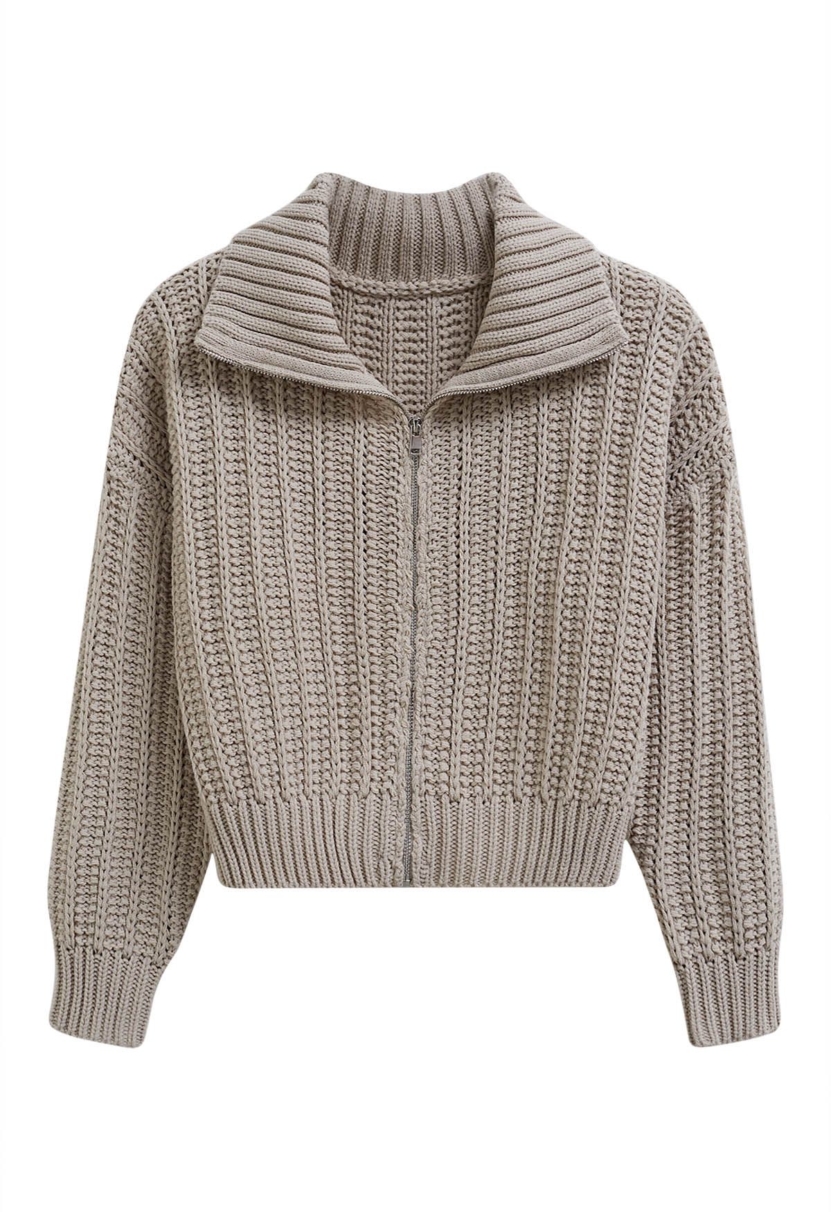 Hochgeschlossener Grobstrick-Cardigan mit Reißverschluss in Khaki