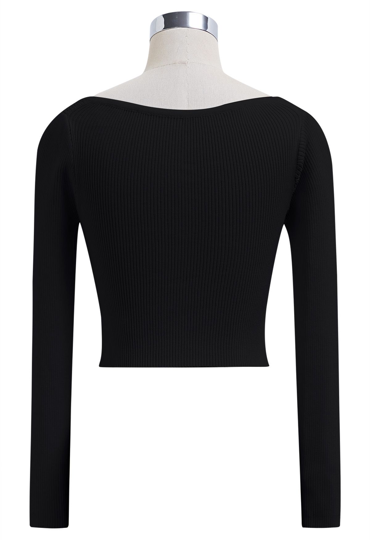 Geripptes Crop-Top mit eingekerbtem Ausschnitt in Schwarz