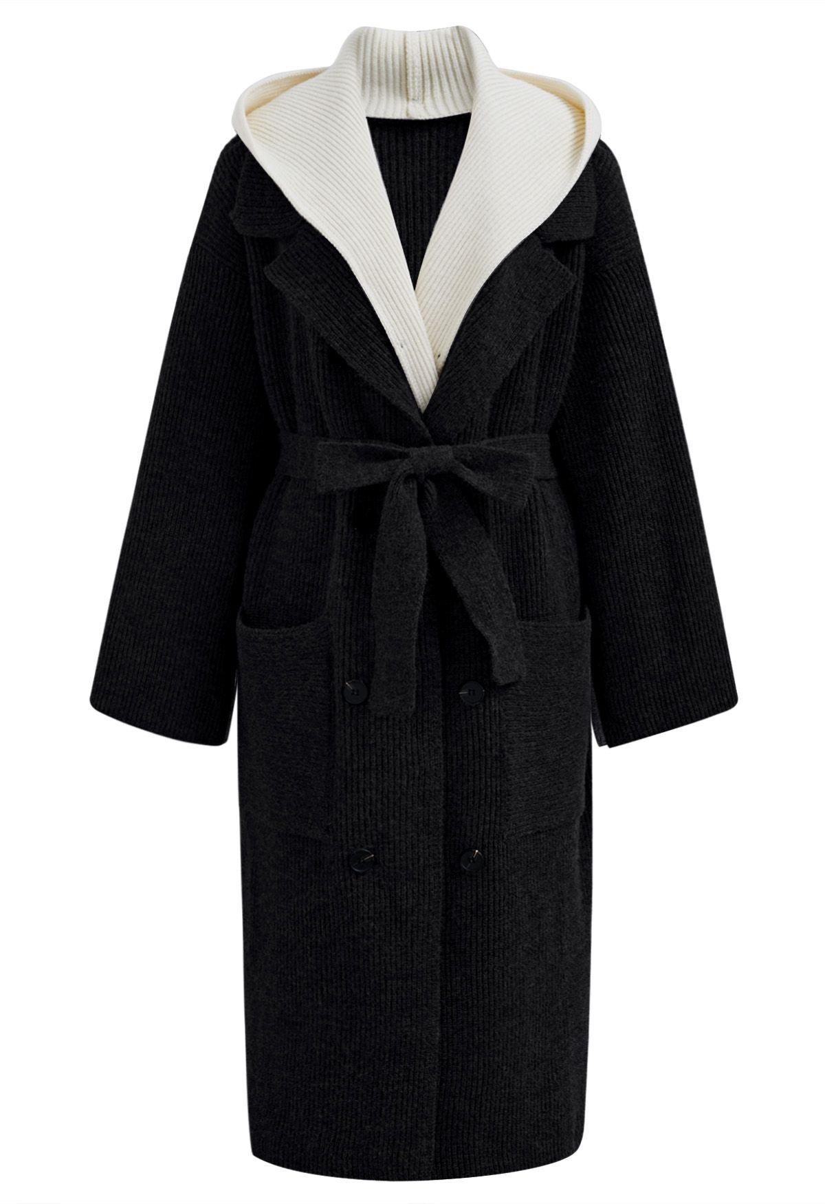 Kontrastierter, zweiteiliger, langer Mantel mit Kapuze in Schwarz