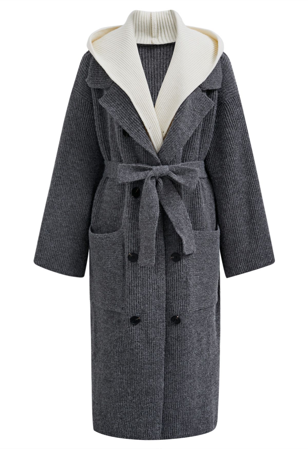 Kontrastierter, zweiteiliger, langer Mantel mit Kapuze in Grau