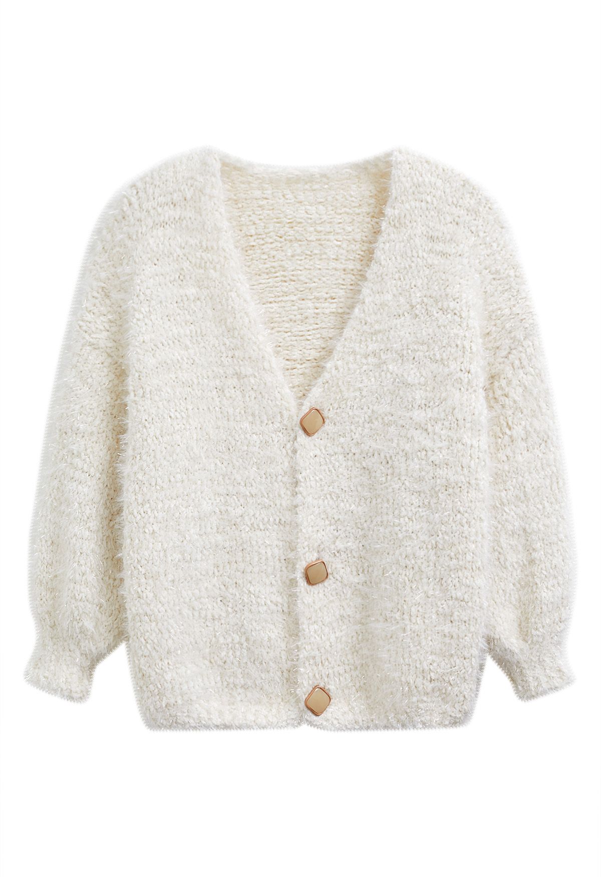 Coziness Shimmer Fuzzy Knit Cardigan mit Knöpfen in Creme