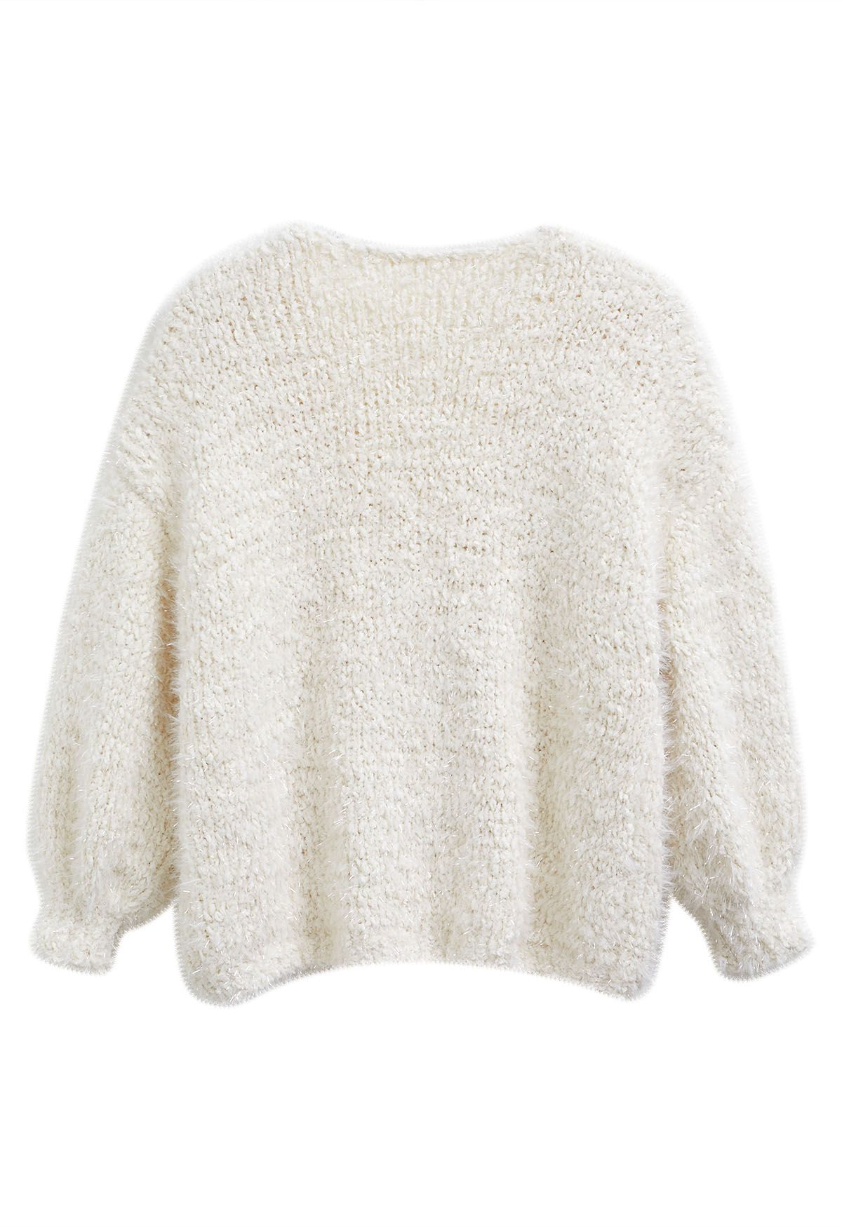 Coziness Shimmer Fuzzy Knit Cardigan mit Knöpfen in Creme