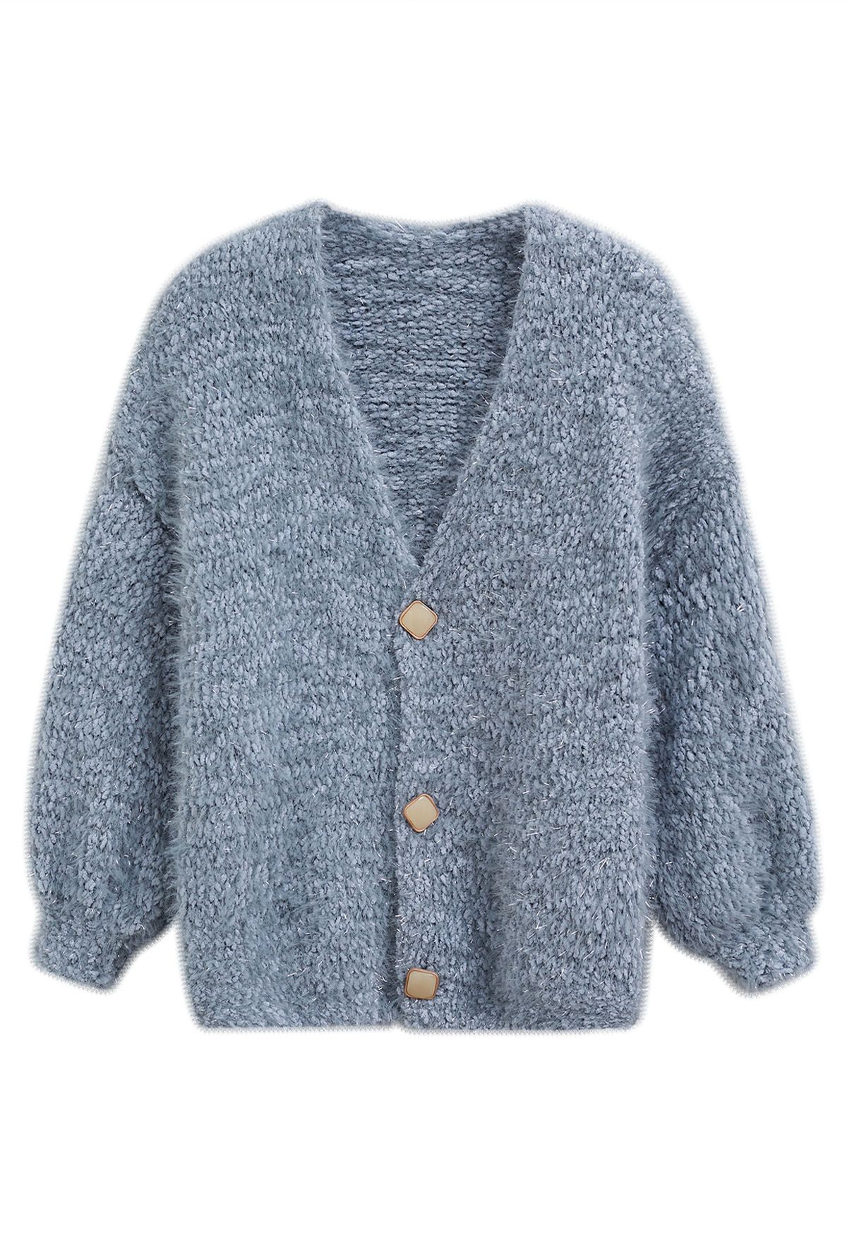 Coziness Shimmer Fuzzy Knit Cardigan mit Knöpfen in Dusty Blue