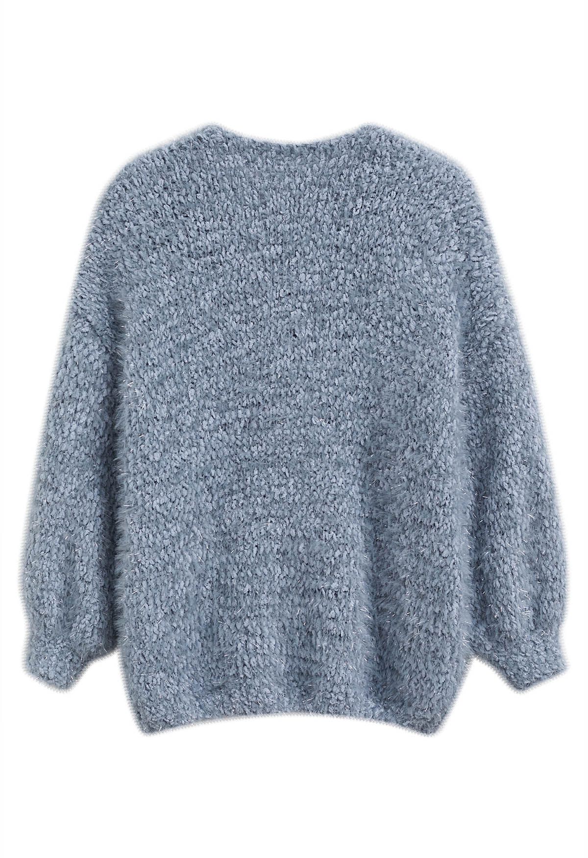 Coziness Shimmer Fuzzy Knit Cardigan mit Knöpfen in Dusty Blue