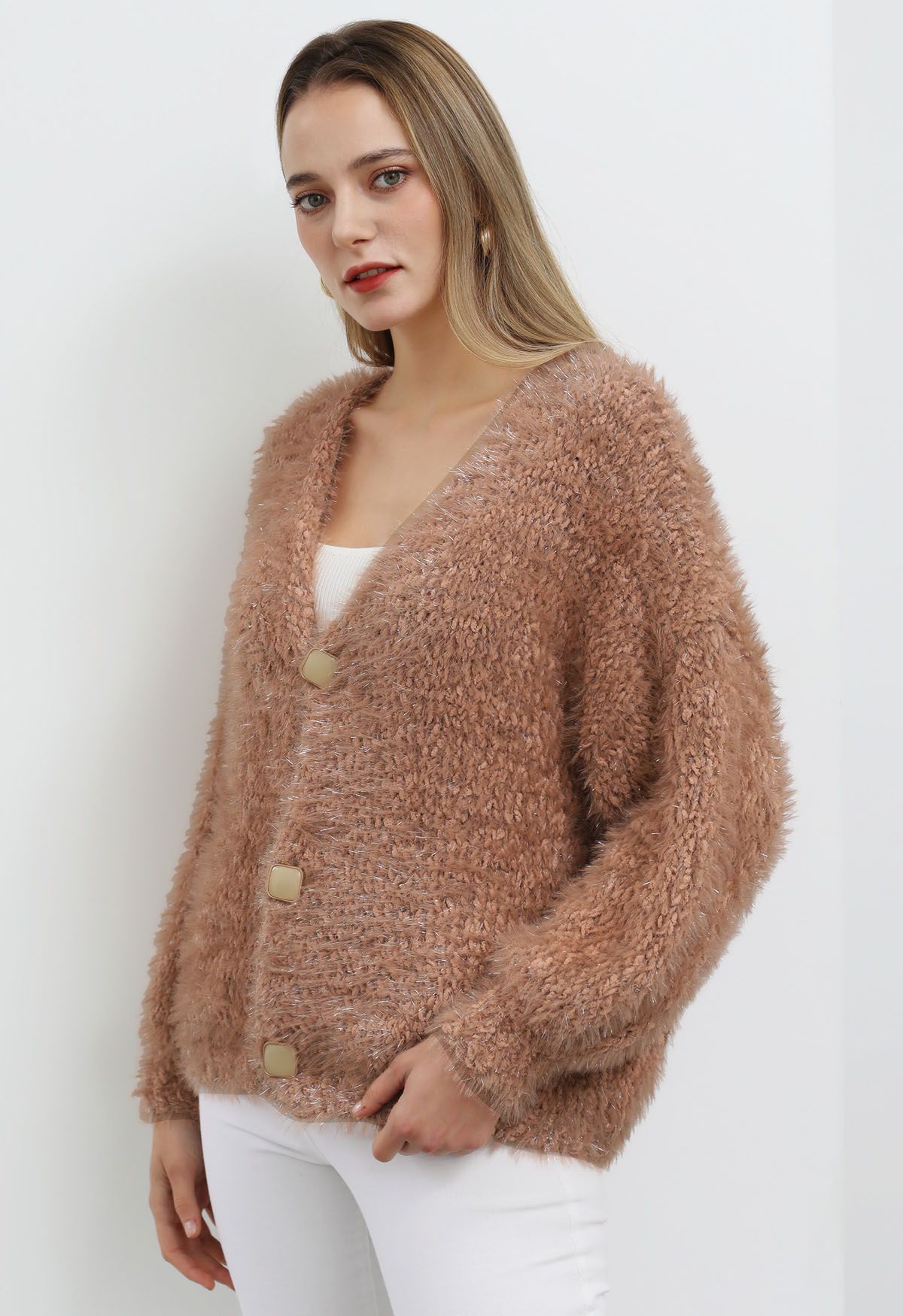 Coziness Shimmer Fuzzy Knit Cardigan mit Knöpfen in Koralle