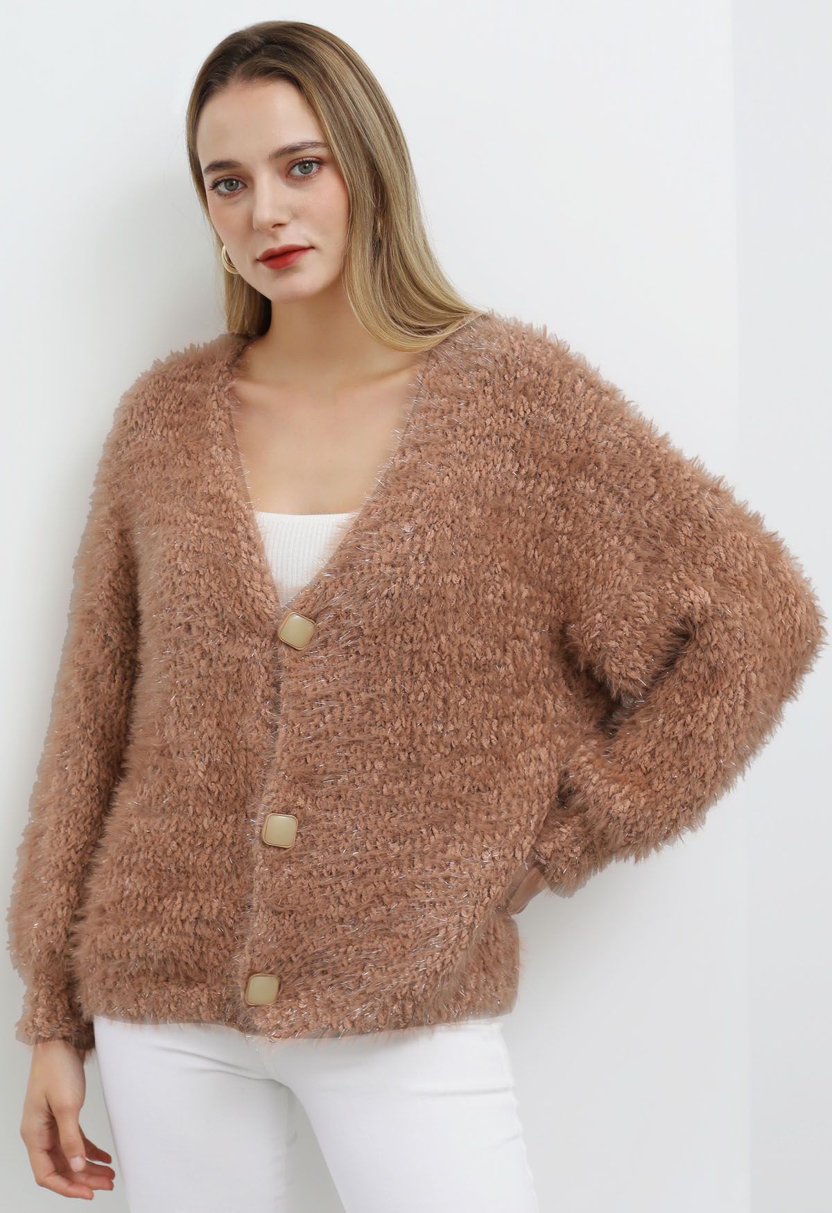 Coziness Shimmer Fuzzy Knit Cardigan mit Knöpfen in Koralle