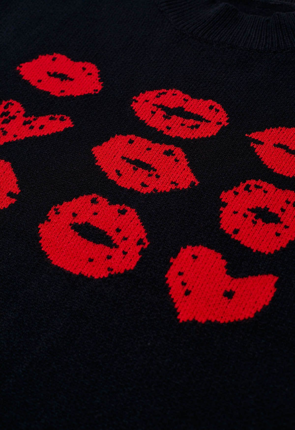 Strickpullover mit rotem Lippenmuster in Schwarz