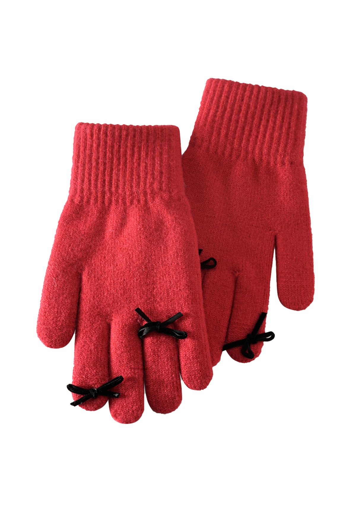 Fingerloch-Strickhandschuhe mit Schleifendekor in Rot