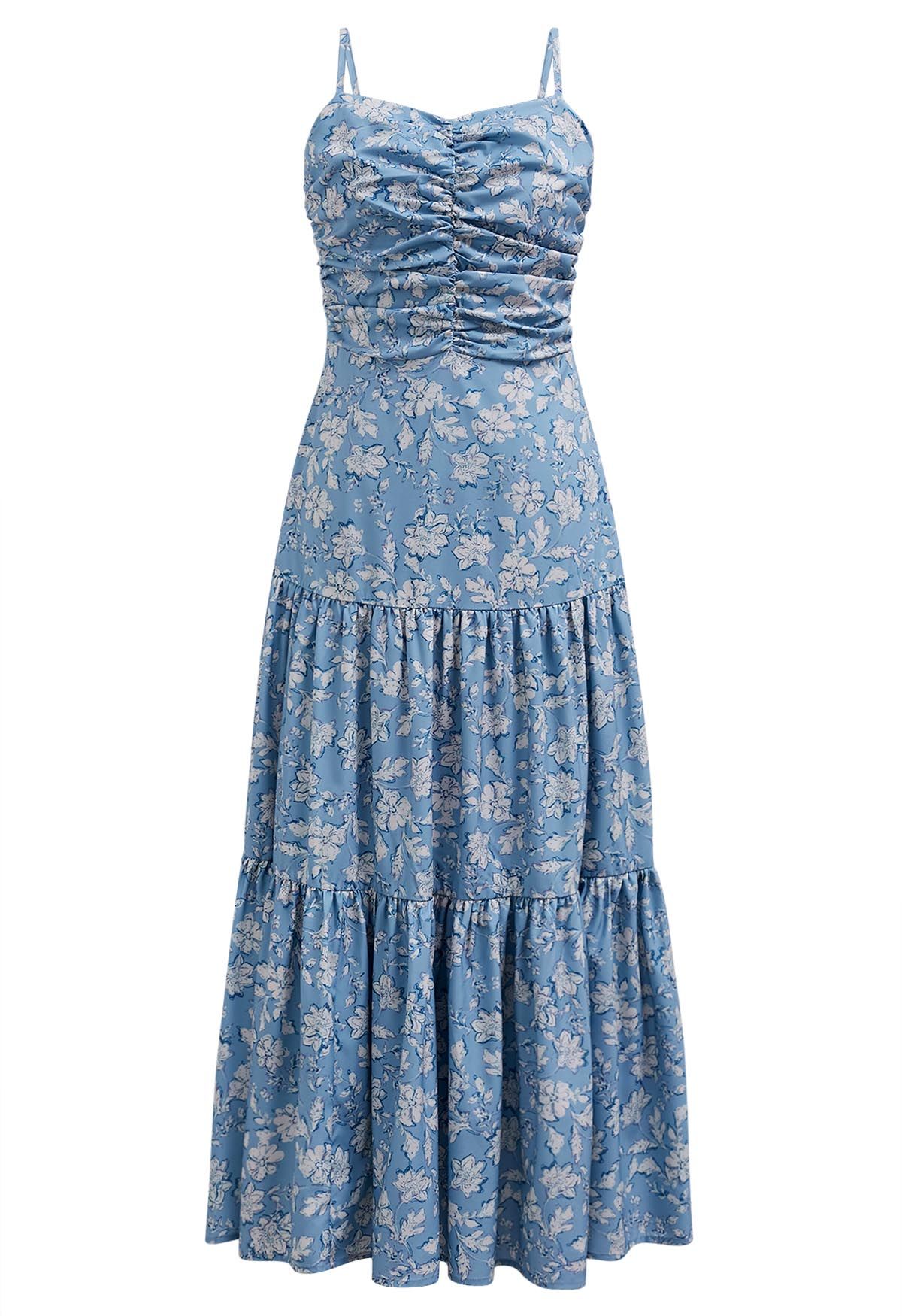 Camisole-Kleid mit Blumenmuster und Schleife auf der Rückseite in Blau