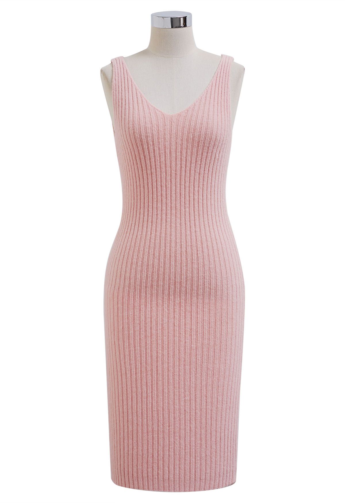 Geripptes Twinset-Kleid mit Perlenausschnitt in Rosa