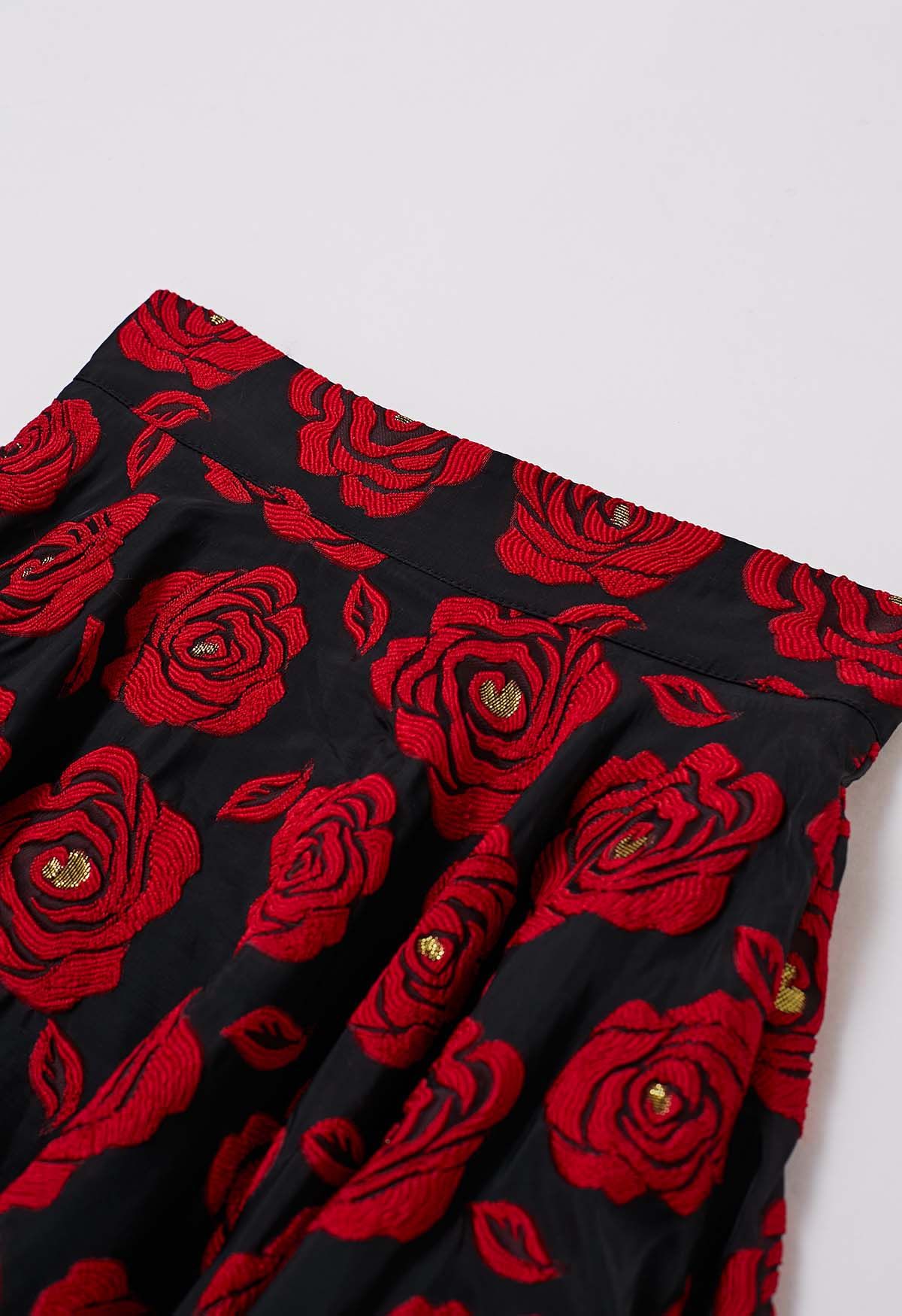 Midirock aus Organza-Jacquard mit roten Rosen