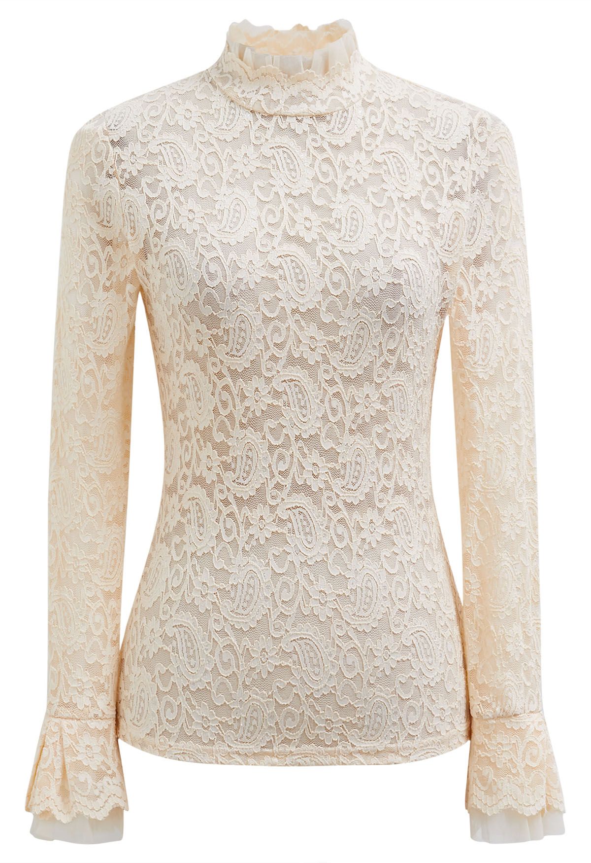 Top mit Paisley-Muster und durchgehender Spitze und Netzeinsatz in Creme