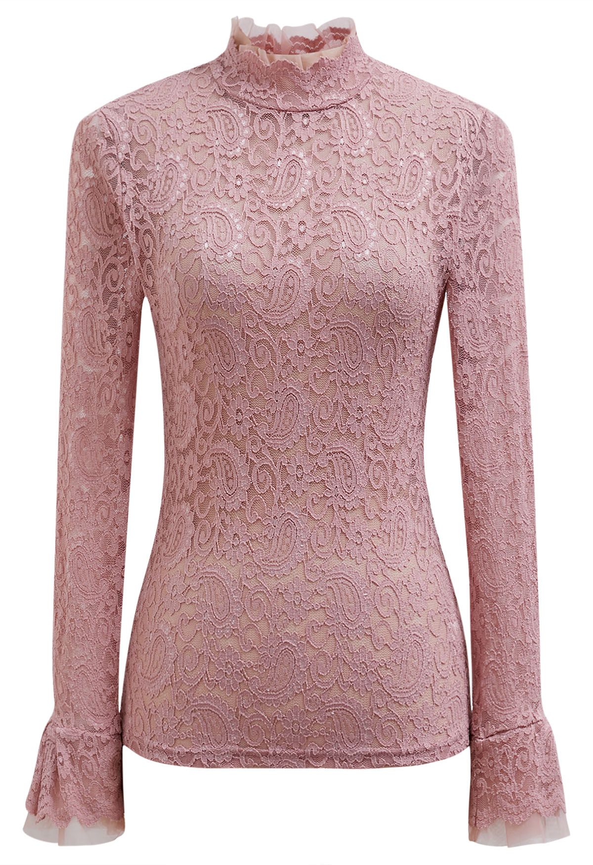 Top mit Paisley-Muster und Netzeinsatz aus Vollspitze in Rosa