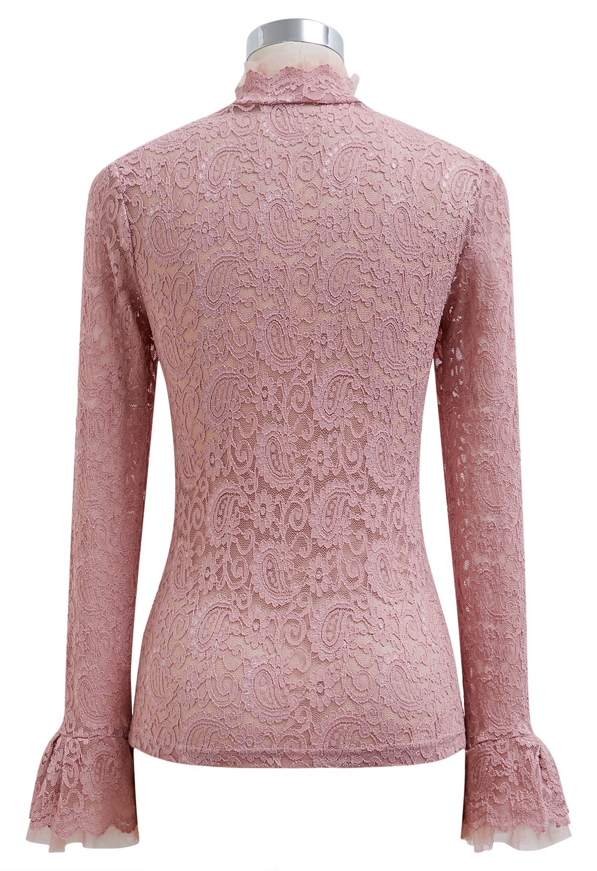 Top mit Paisley-Muster und Netzeinsatz aus Vollspitze in Rosa