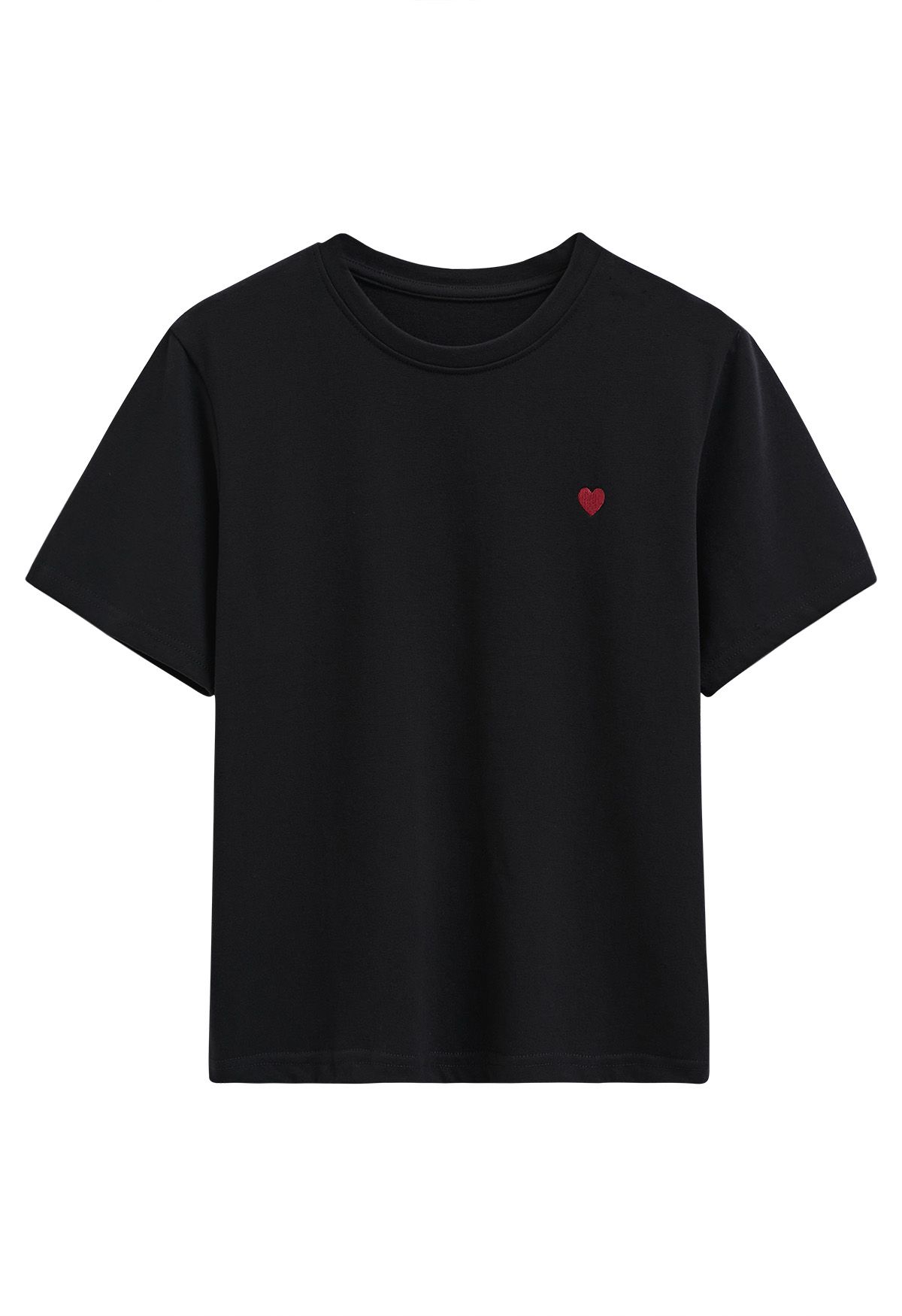 Süßes T-Shirt mit besticktem Herzmuster in Schwarz