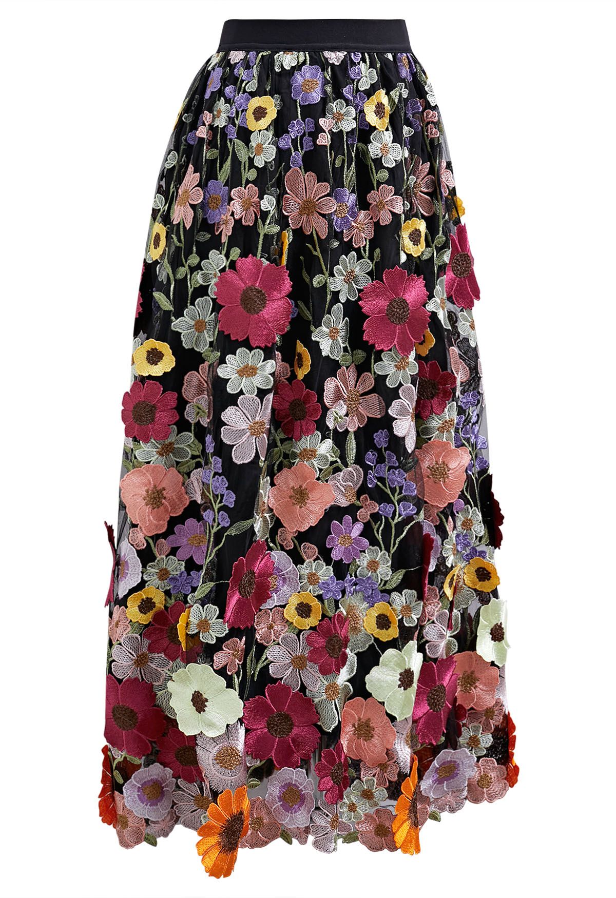 3D Floral Applique Mesh Tulle Maxi Skirt in Black