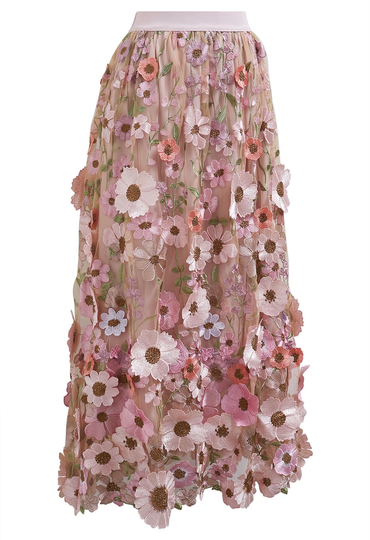 3D Floral Applique Mesh Tulle Maxi Skirt in Dusty Pink