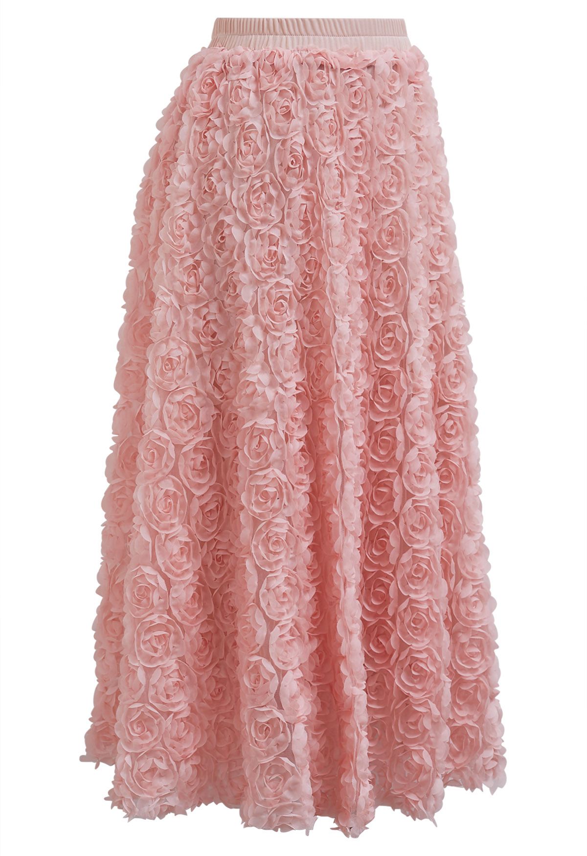 3D Rose Petal Mesh Midi Skirt in Pink